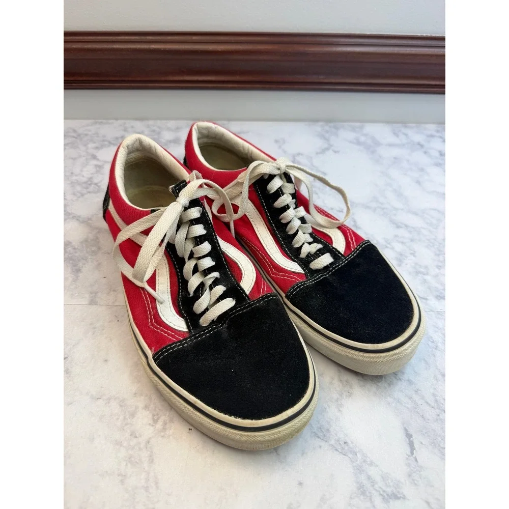 VANS Old Skool Red Black Suede Canvas Off The Wall Graphic Sneakers Mens 7.5